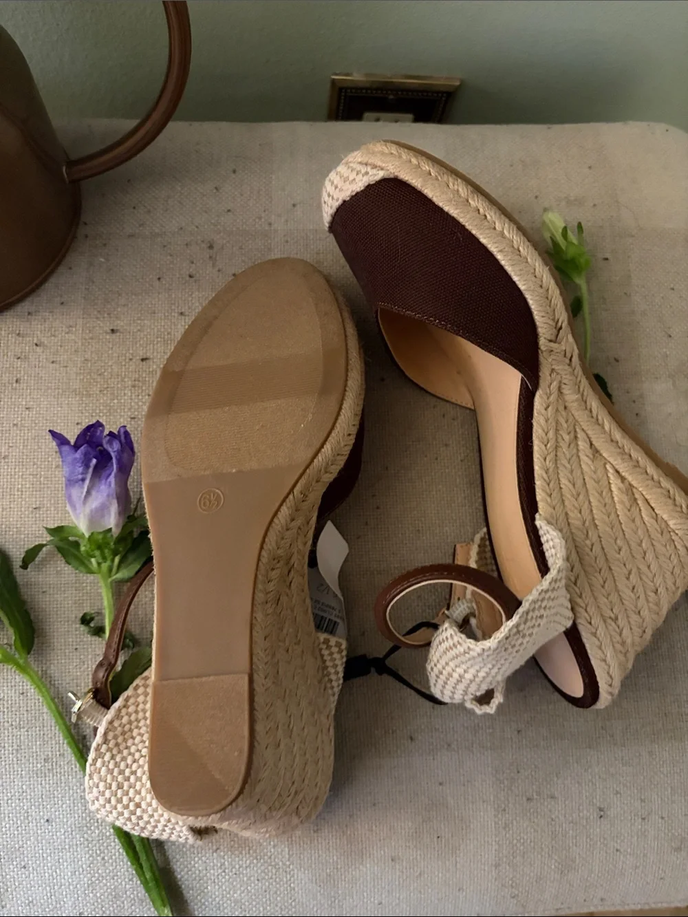 LOFT Brown and Cream Espadrille Wedge Sandals with Ankle Strap